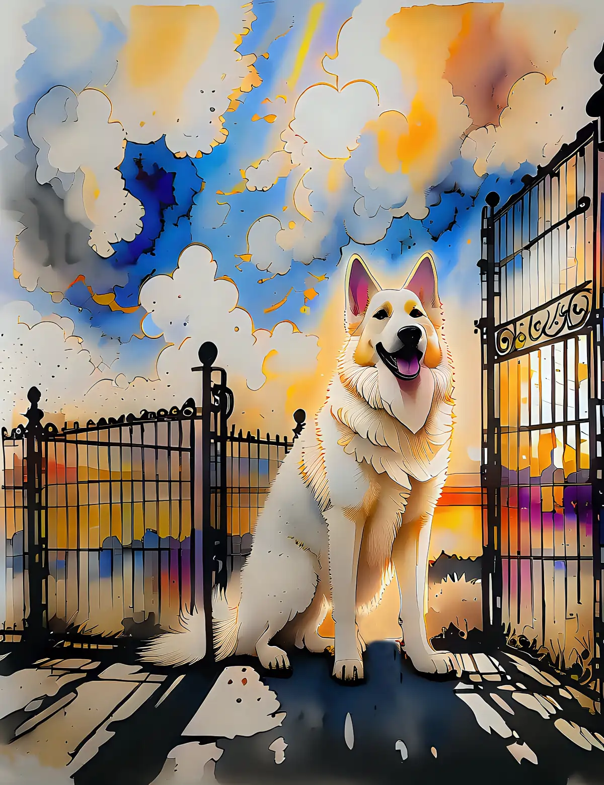 Edwahdo my pup a large white German Shepherd Dog smiling at a black gate